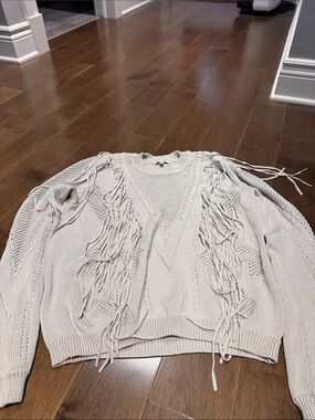 Ronny Kobo Collection Cream Fringed Crewneck Sweater